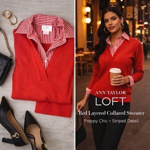 Ann Taylor LOFT Red Layered Collared Sweater | Striped Shirt Detail | Size S
